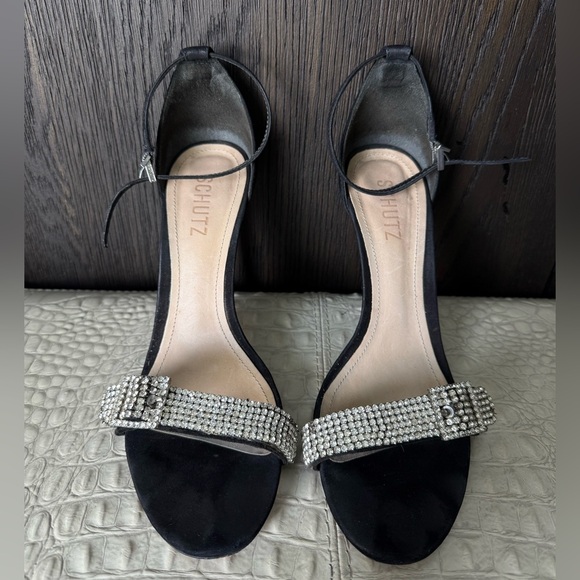Schutz Black Velvet Rhinestone‎ Buckle Heels Size 9B Elegant Ankle Strap Sandals - Picture 1 of 11